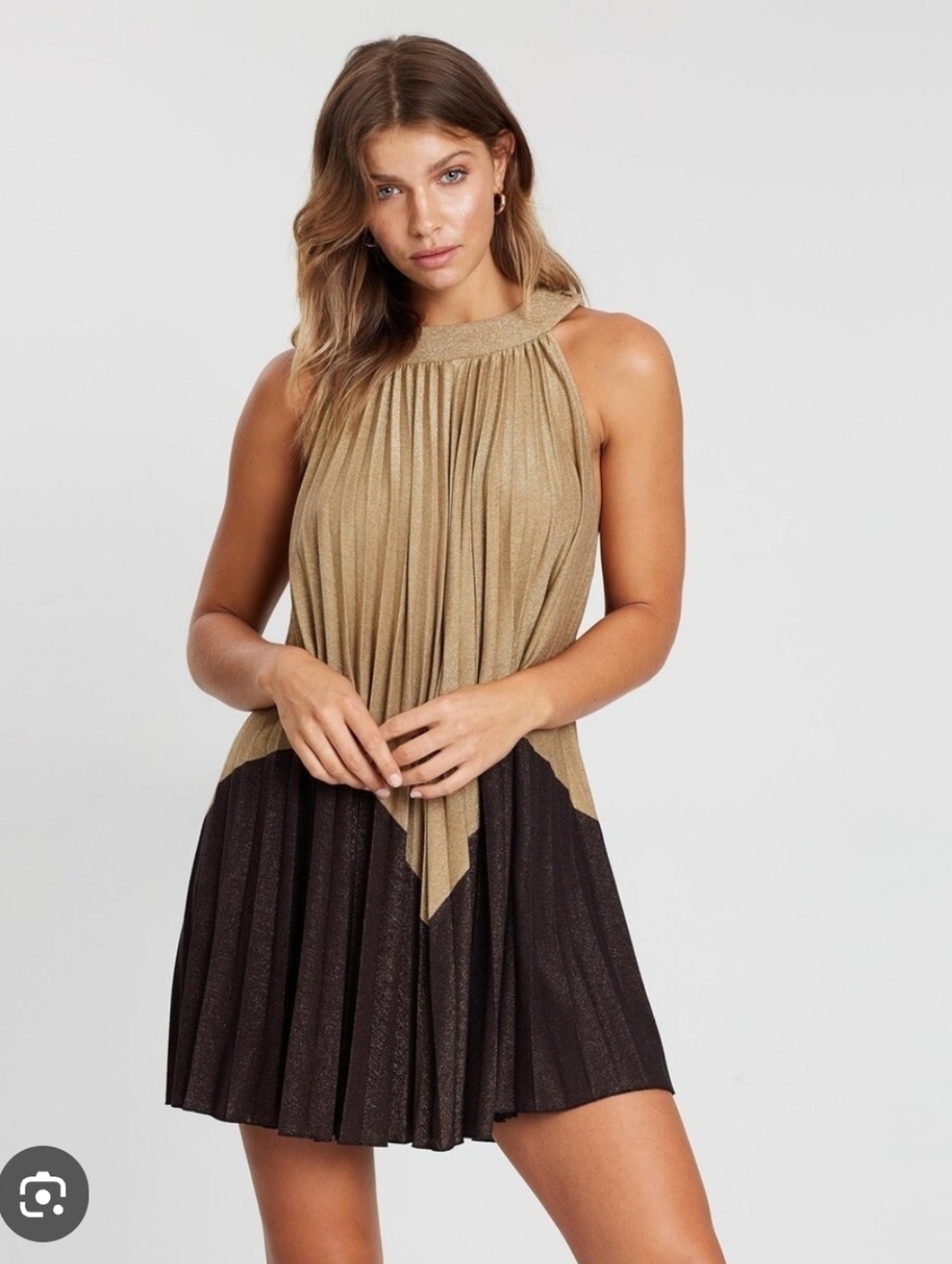 Free People Pleated Love Mini Dress Gold Halter Metallic Flowy Boho Festival